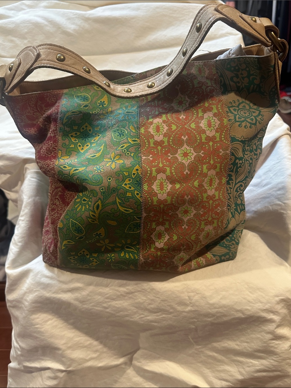 Patchwork Multi-Color Leather Shoulder Bag with Tan Leather Trim